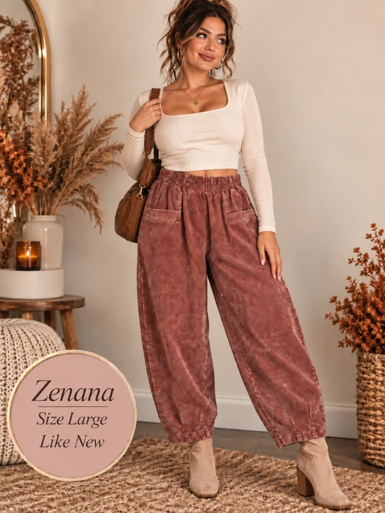 Zenana Outfitters Pants - Zenana Outfitters Mineral Wash Dusty Rose Corduroy Pants | Size Large